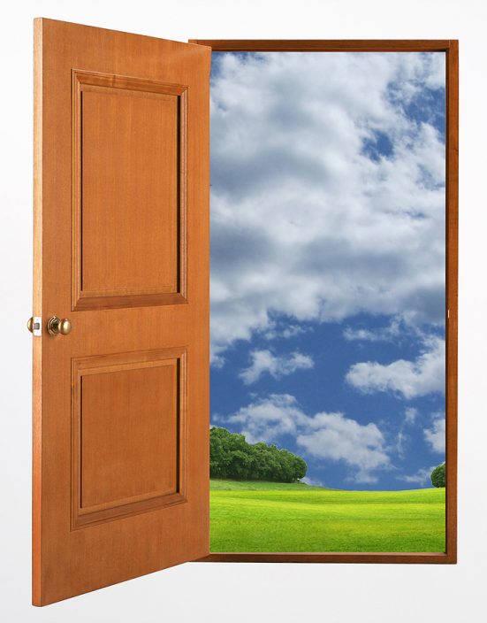 open door to pastoral scene