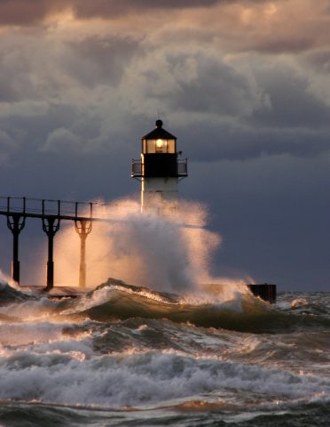 Saint Joseph, MI. North pier lighthouse. Storm coming across Lake Michigan.
