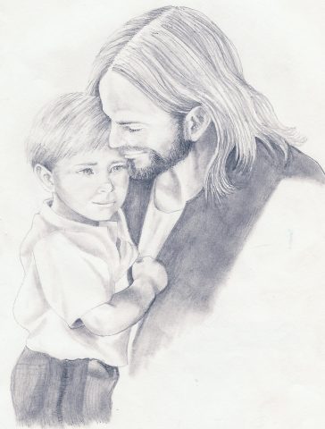 Jesus Christ is seen holding a small boy done in a black and white pencil sketch