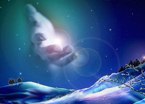 Christmas scene with God's hand reaching through the night sky